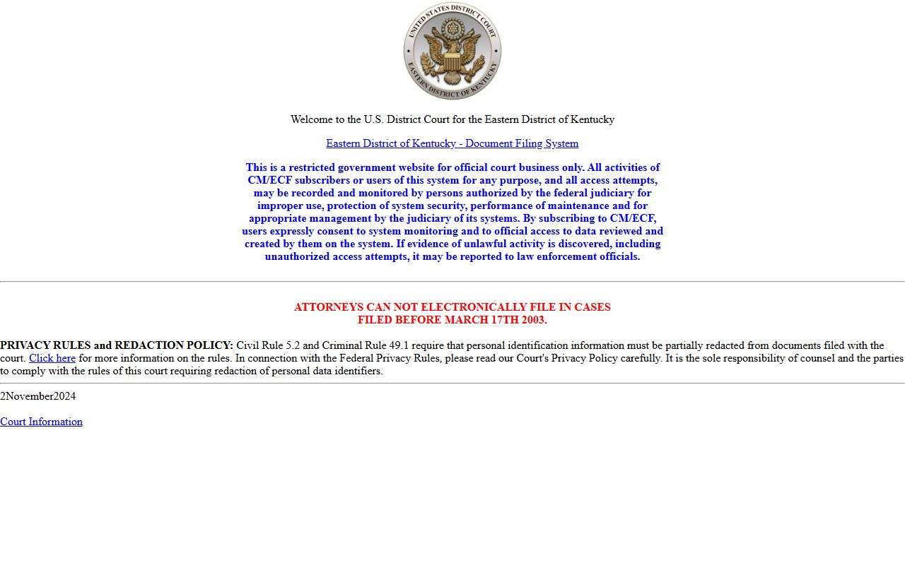 Eastern District of Kentucky CM ECF federal case access